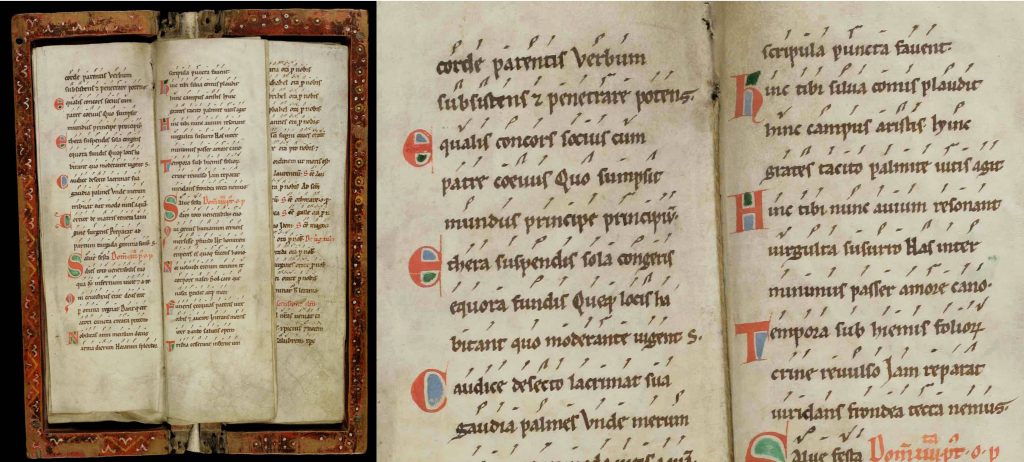 A Processional, a hymn book carried in processions, from the Benedictine monastery of Saint Gall (Sankt Gallen), Switzerland, dated to c. 1150. It measures a narrow 25.5cm x 8cm so that it can be easily carried in one hand by a singing monk, and shows early neumes without precise pitch. (This image of St. Gallen, Stiftsbibliothek, Cod. Sang. 360, is licensed from e-codices.)