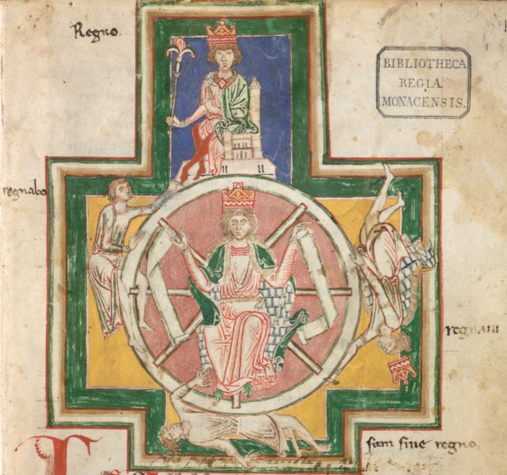 The wheel of fortune from the Carmina Burana, a collection of goliard songs.